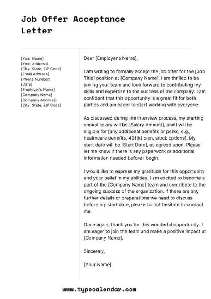 How do I write an acceptance letter for a job offer?