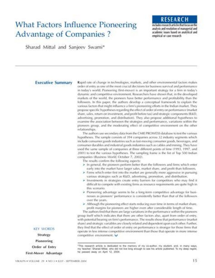 What factors influence pioneering advantage of companies?