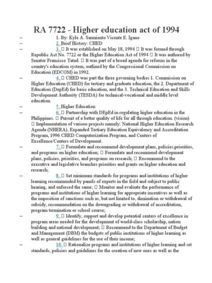What is all about higher education Act of 1994 RA 7722?
