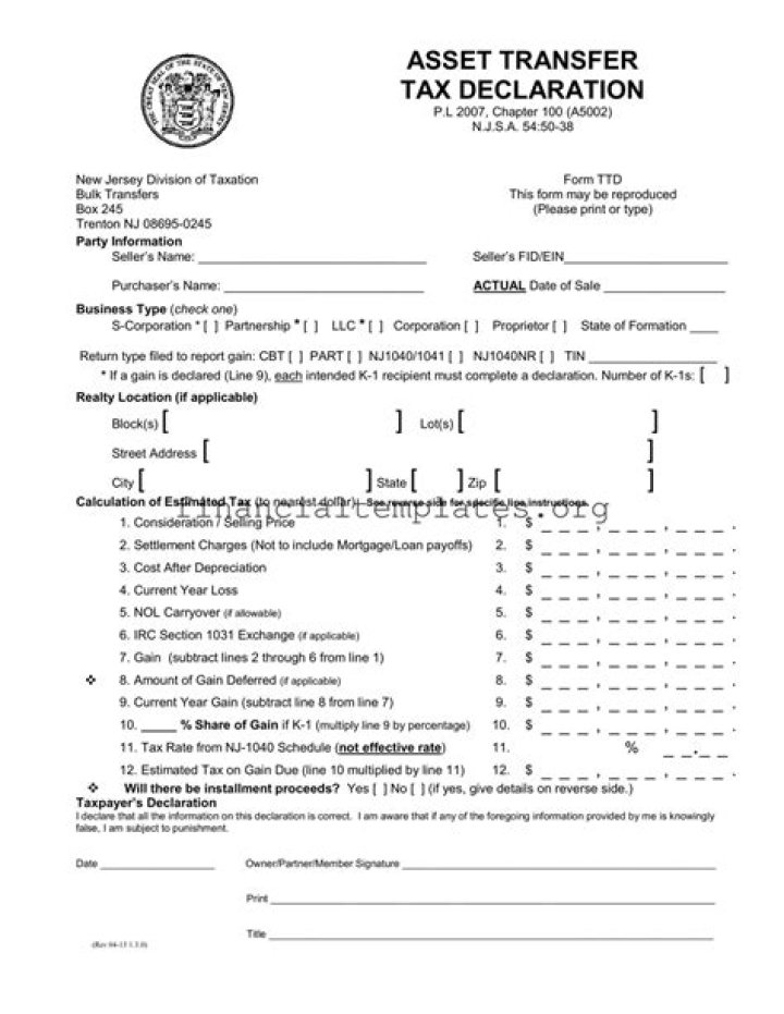 When to fill out NJ asset transfer tax declaration?