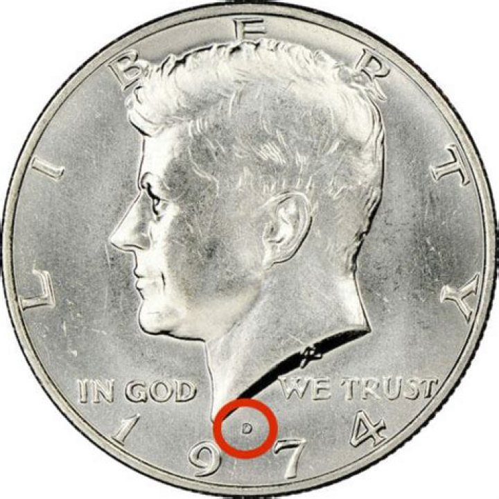 Where is the mint mark on a 1974 Kennedy half dollar?